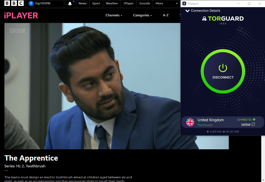 Screenshot of TorGuard connected to the UK and BBC iPlayer streaming The Apprentice. 
