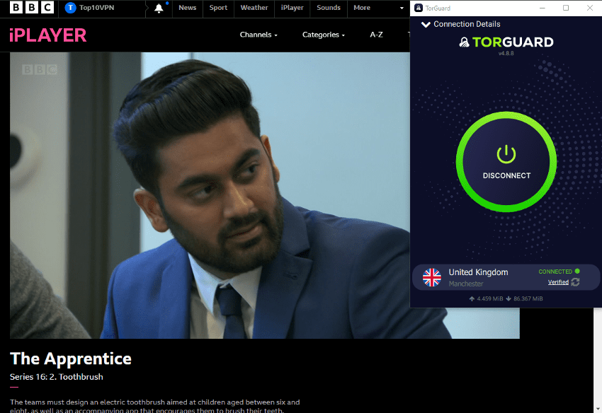 Screenshot of TorGuard connected to the UK and BBC iPlayer streaming The Apprentice.