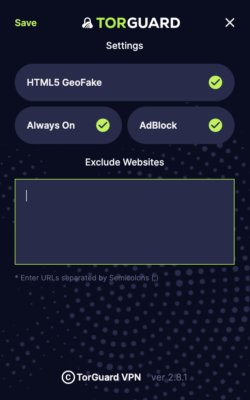 Captura de pantalla de la configuración de la extensión de navegador de TorGuard.