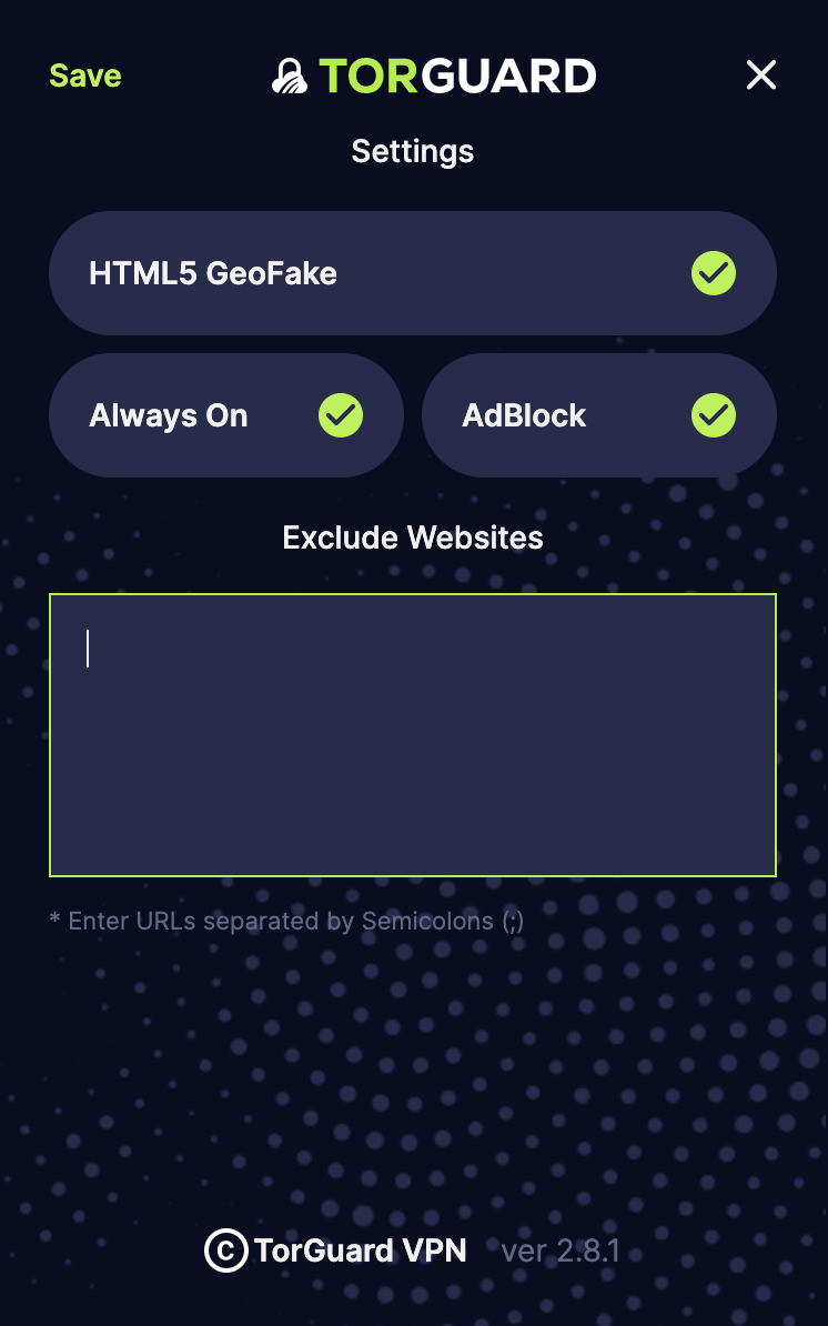 Screenshot of TorGuard's browser extension settings.