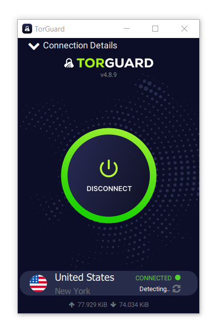 Screenshot of TorGuard's Windows client homepage. 