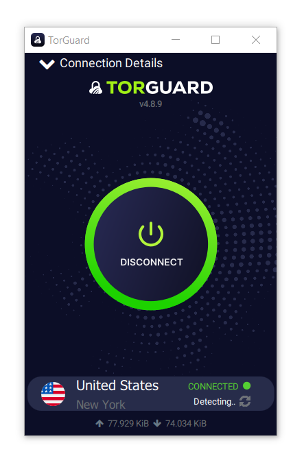 Screenshot of TorGuard's Windows client homepage.