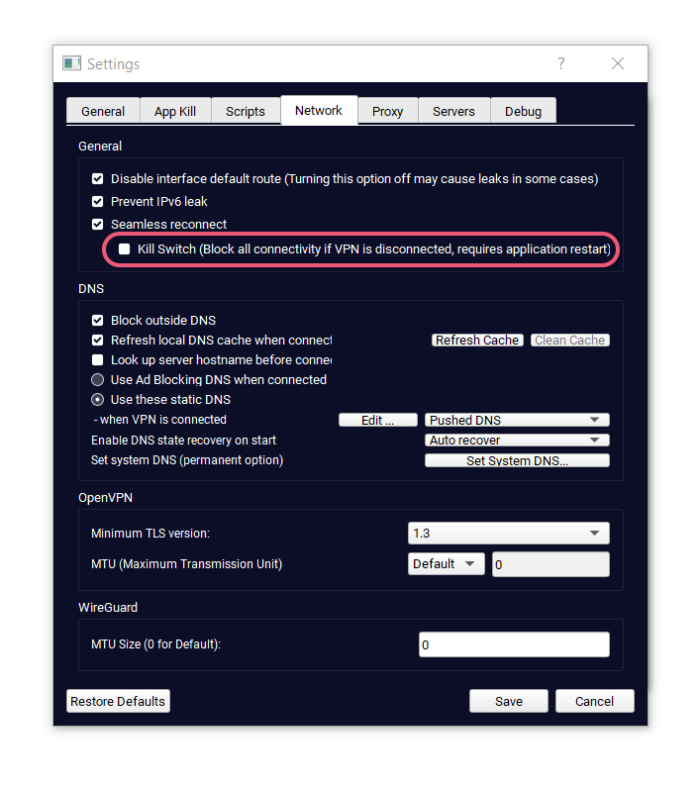 Captura de pantalla del cliente de Windows de TorGuard con el Kill Switch destacado en la configuración de red.