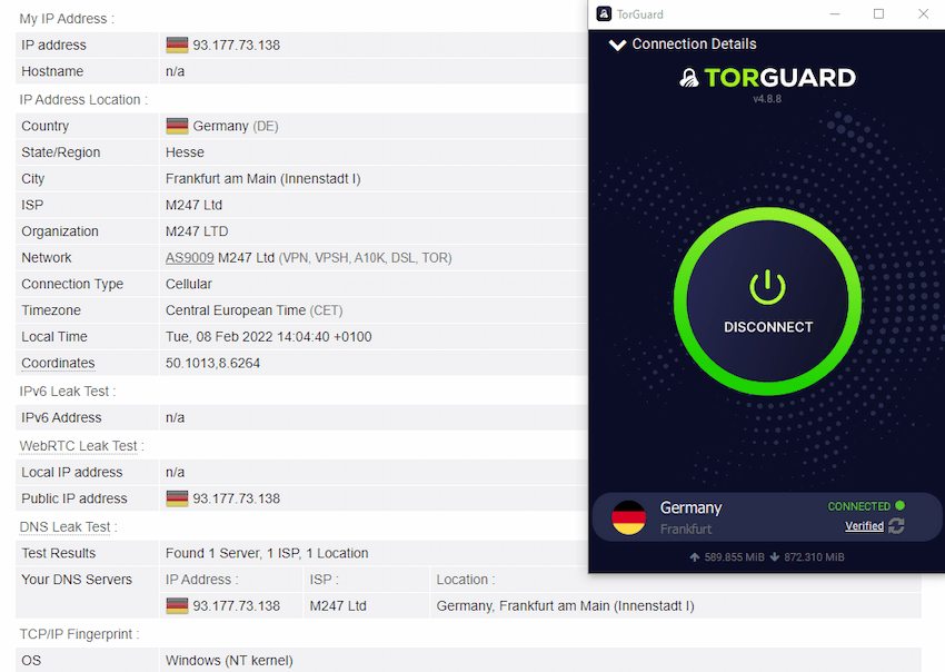 TorGuard is connected to a server in Germany and the leak tests show no leaks of our real location.