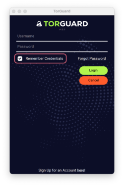 Captura de pantalla de la página de inicio de TorGuard. La opción para recordar las credenciales está destacada.