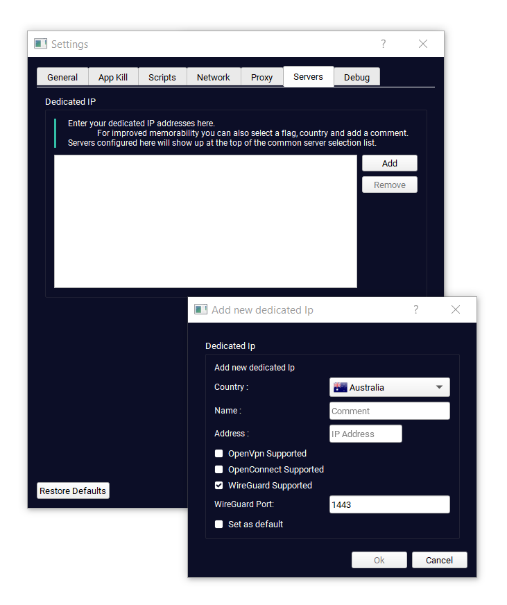 Screenshot of TorGuard's server settings.