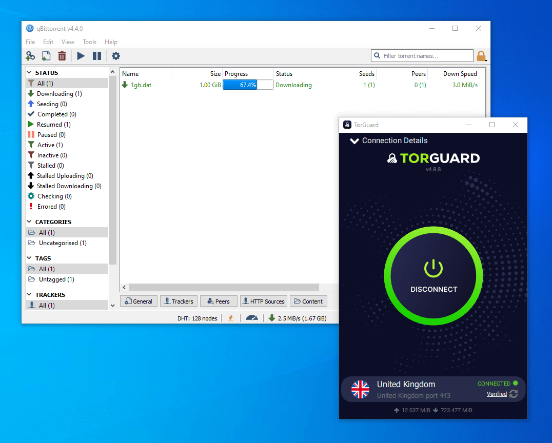 Screenshot of qBitorrent downloading a file, while TorGuard is connected to UK server.