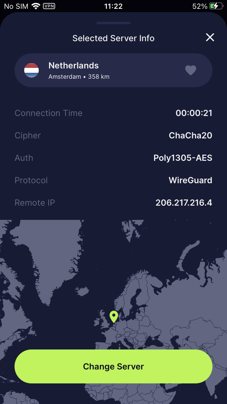 Screenshot of TorGuard's iOS app, showing connection details. There's a button to change servers at the bottom of the screen.