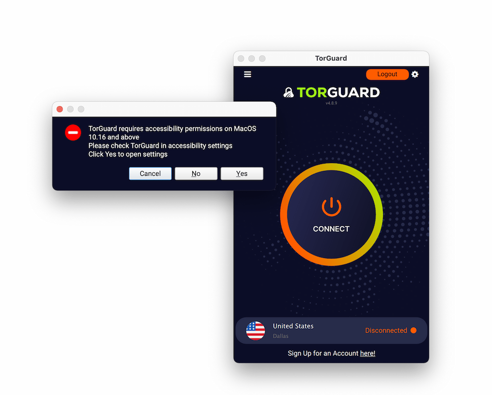 Screenshot of TorGuard's macOS client and a prompt to change accessibility settings.