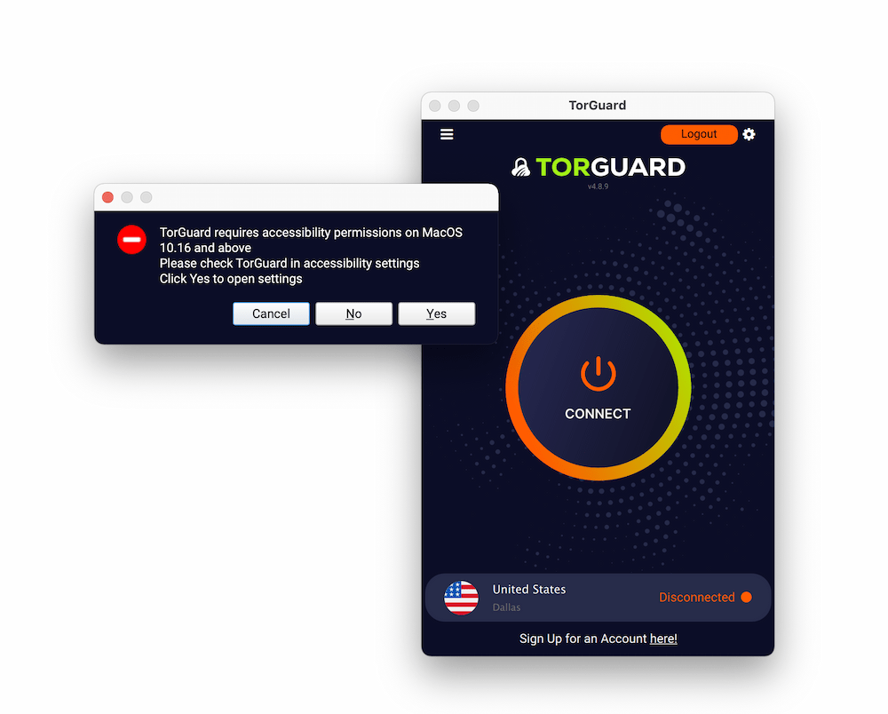 Captura de pantalla del cliente de macOS de TorGuard y una indicación para cambiar la configuración de accesibilidad.
