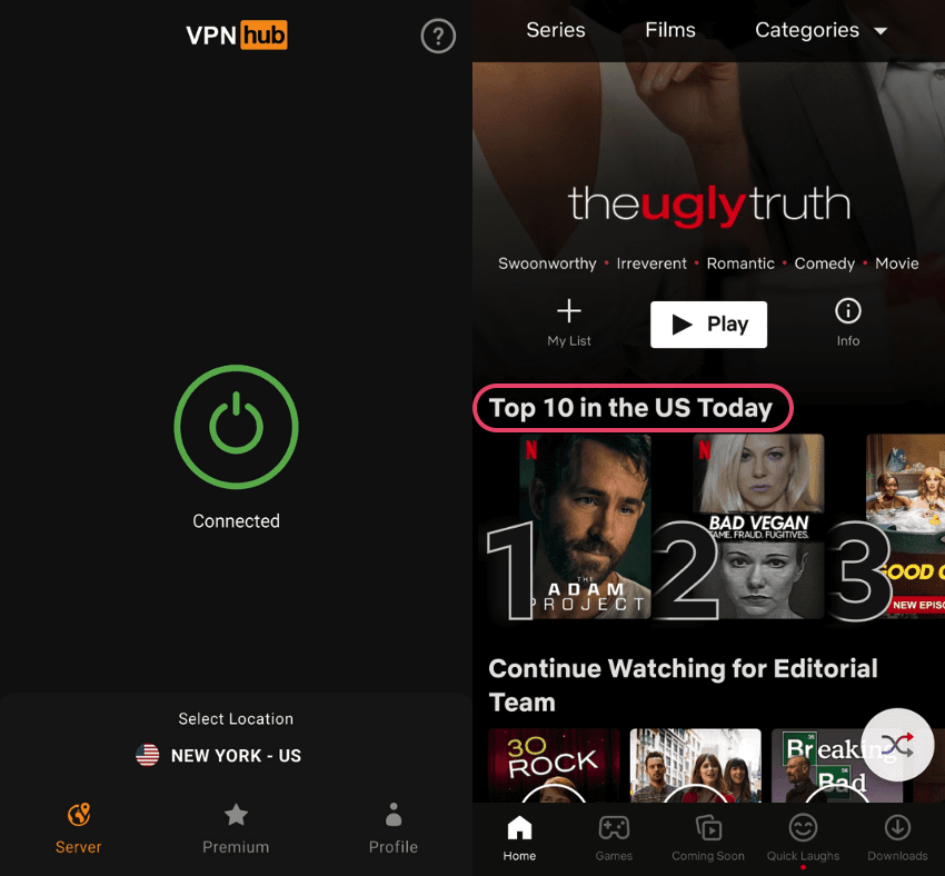 Screenshot of VPNhub's free app, connected to a server and New York and the Netflix app showing the 'Top 10 in the US Today.'