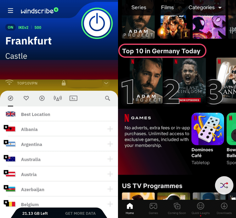 Tangkapan layar aplikasi Android Gratis Windscribe dan Netflix. VPN terhubung ke Jerman dan Netflix yang menampilkan 'Top 10 in Germany Today' (10 Teratas di Jerman Hari Ini).