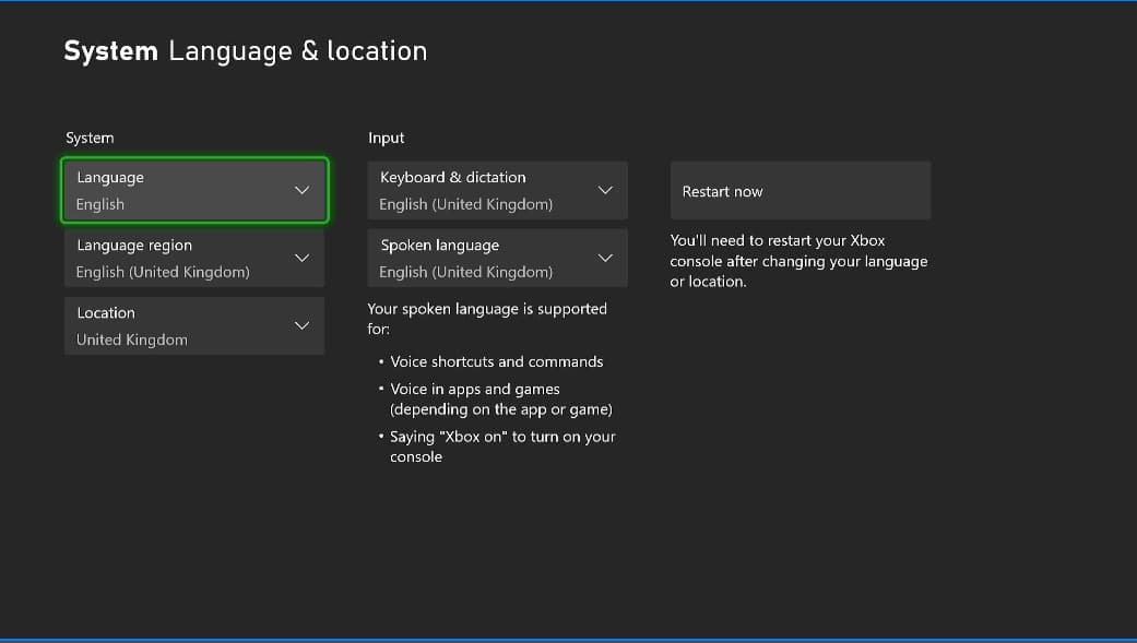 The Xbox settings allow you to change your location and language