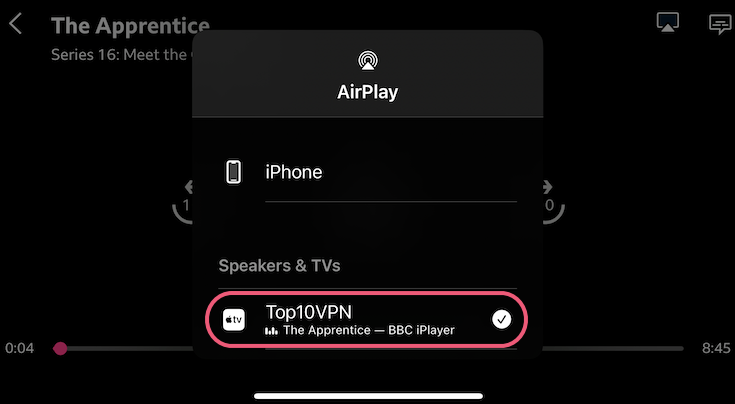 Selecting Apple TV from AirPlay options