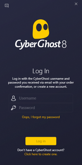 The CyberGhost VPN login screen