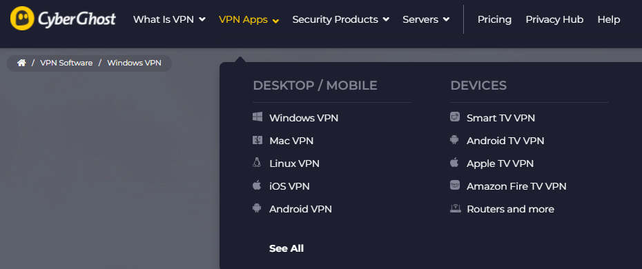 A list of CyberGhost's VPN apps