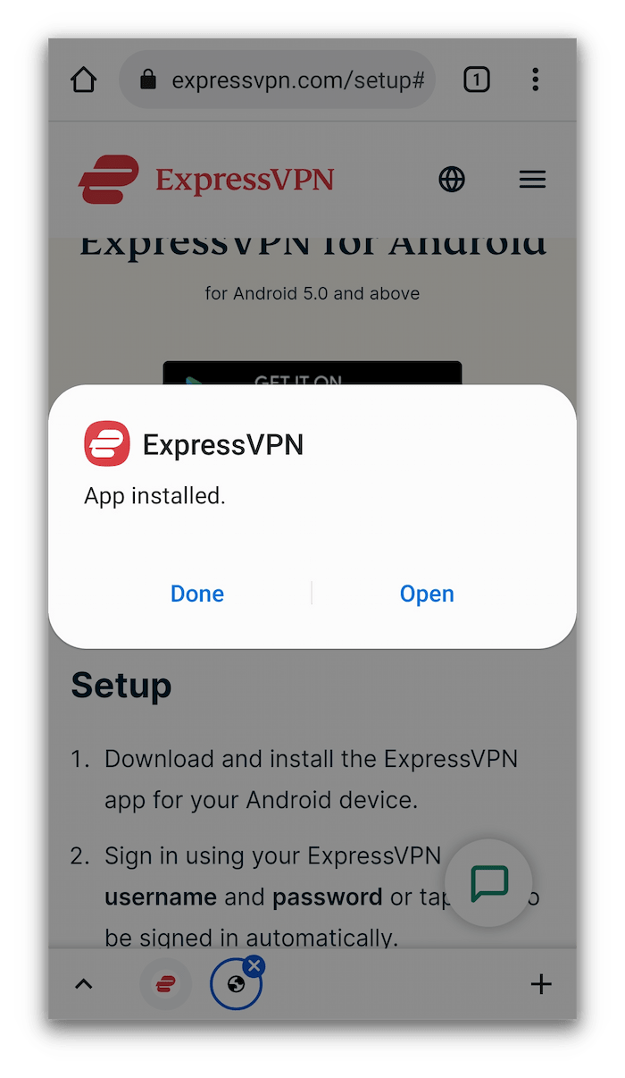 A popup confirming the installation of ExpressVPN's APK file on Android