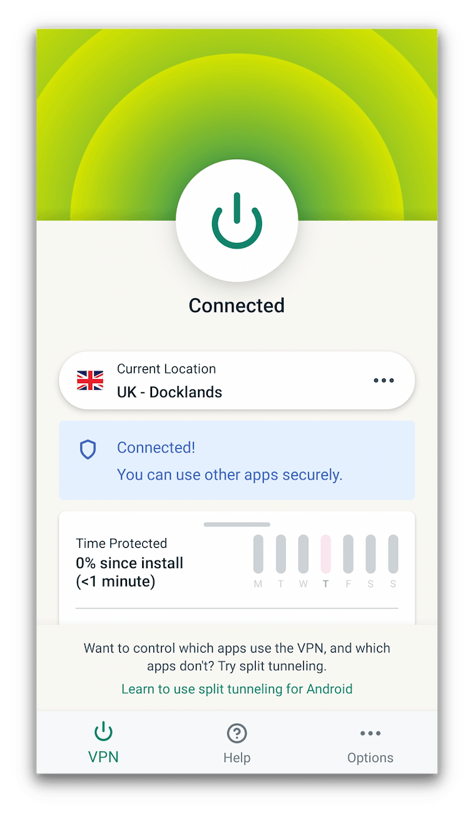 ExpressVPN connecting to a server on its Android app
