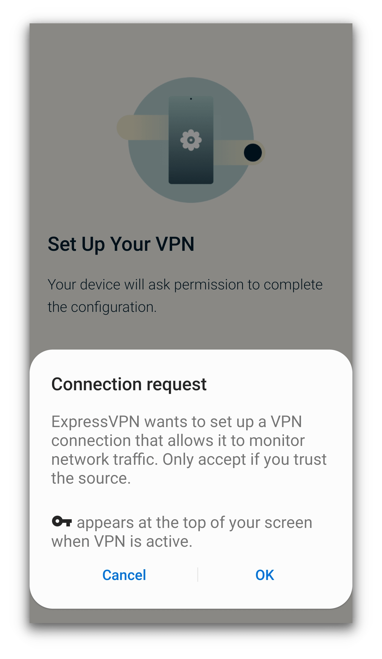 ExpressVPN demande la permisson pour mettre en place une connexion VPN sur Android.