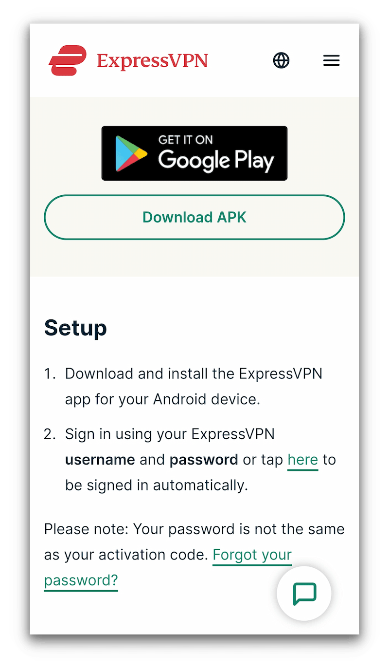 Download link for ExpressVPN's APK file on Android