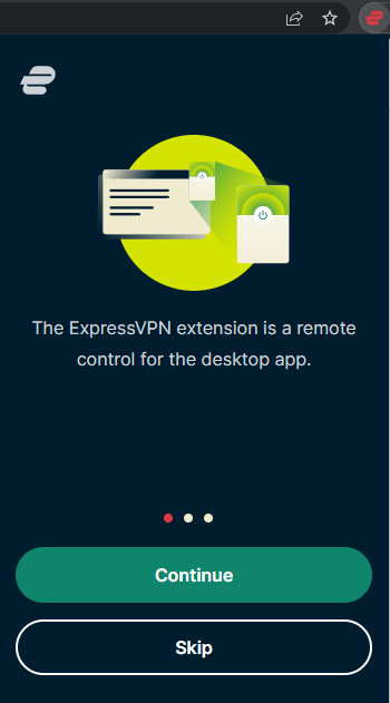 The startup message on ExpressVPN's Chrome browser extension