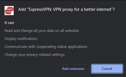 ExpressVPN's Chrome extension permissions notification