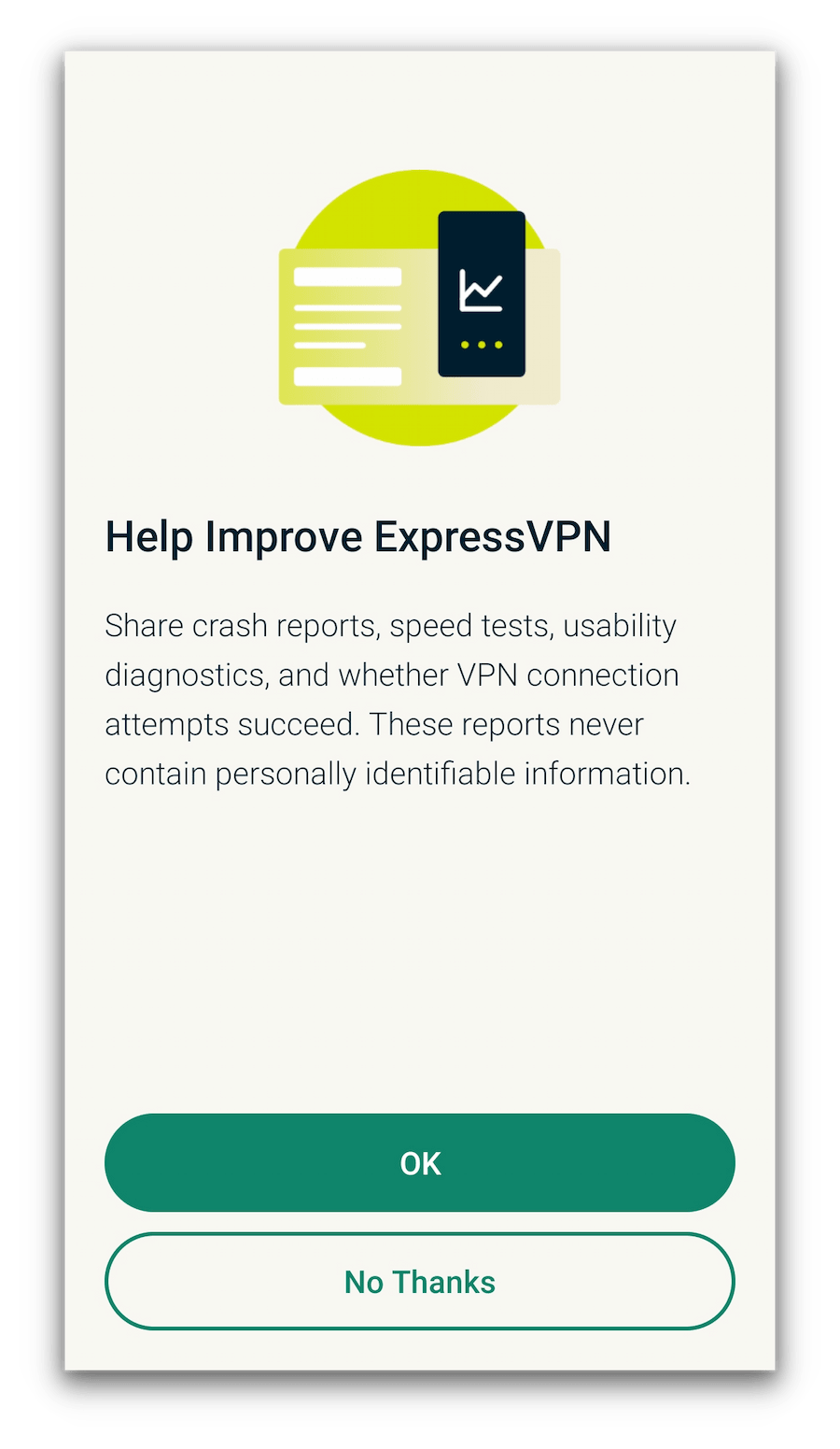 A prompt from ExpressVPN requesting user data to improve the service