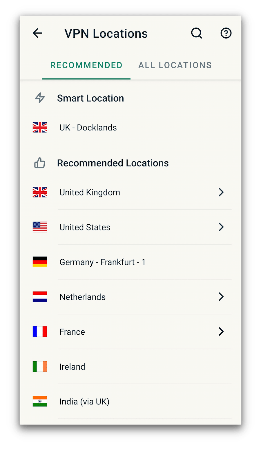 ExpressVPN's server list on its Android app