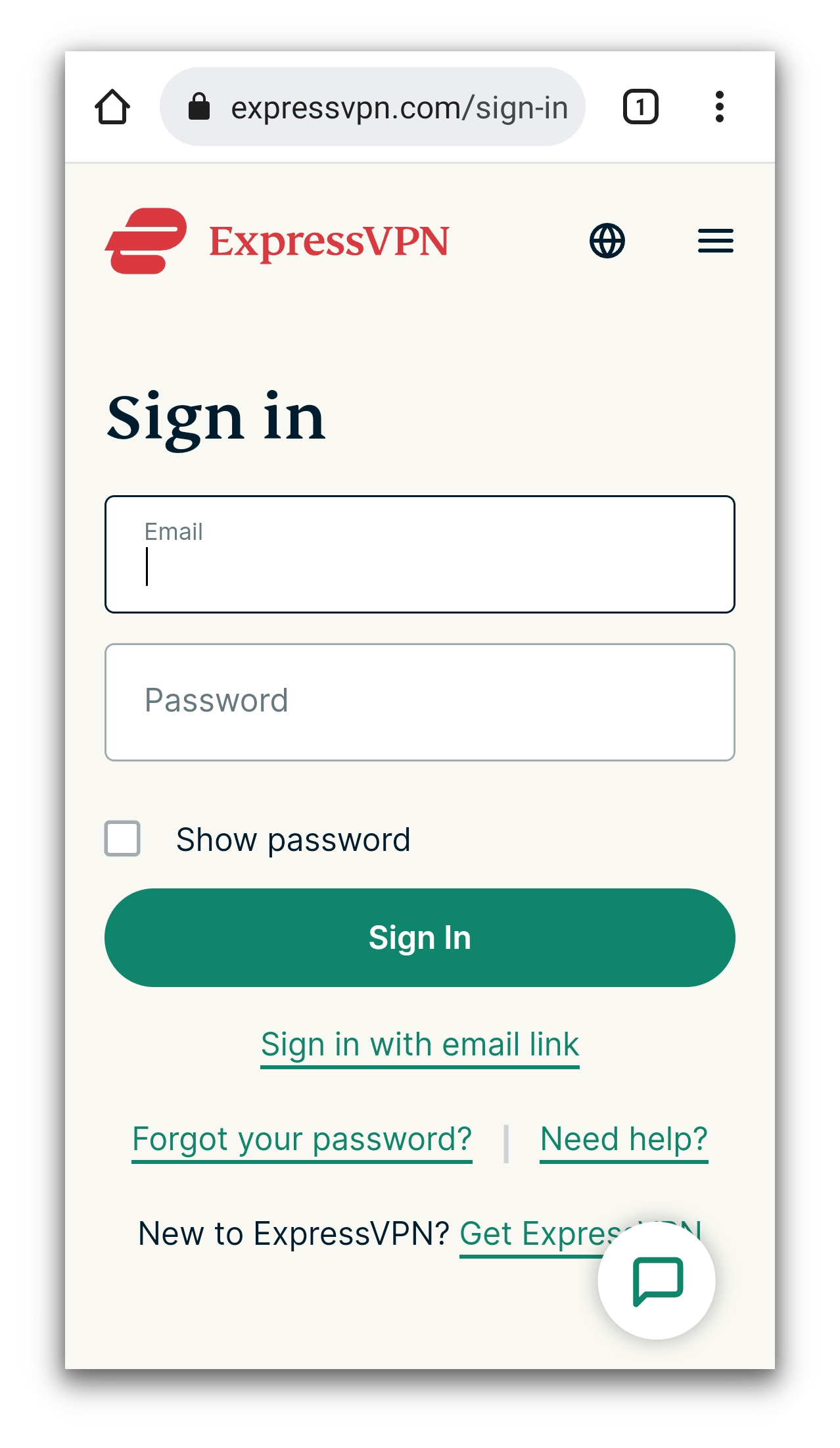 The sign in menu for ExpressVPN on mobile browser