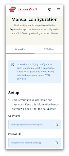 Dane logowania umożliwiające ręczną konfigurację OpenVPN w ExpressVPN