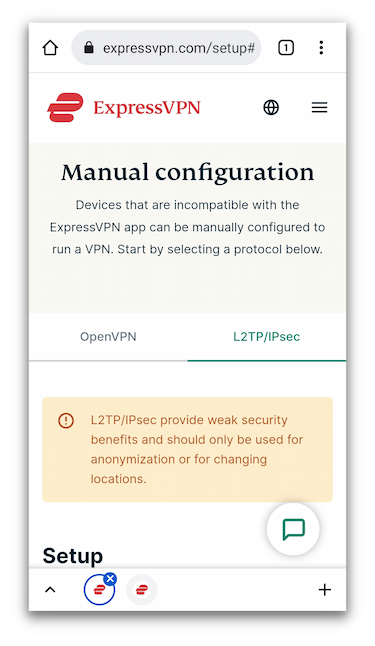 ExpressVPN's page on manual configuration of the L2TP/IPsec VPN protocols