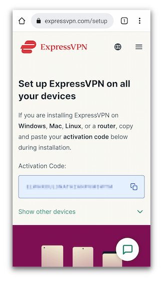 ExpressVPN's device set up menu