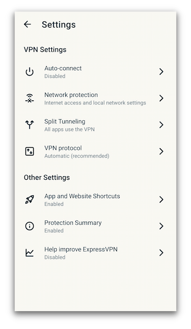 ExpressVPN's settings on its Android app
