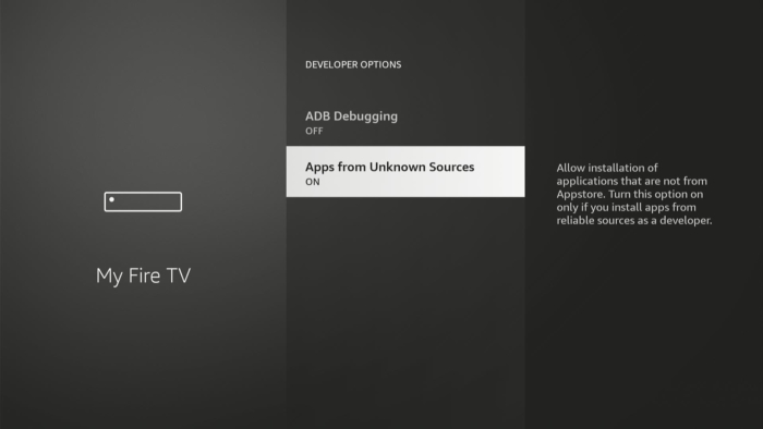 Depuración ADB habilitada en un fire tv stick