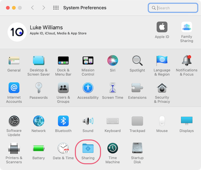 Accessing macOS network sharing settings from system preferences