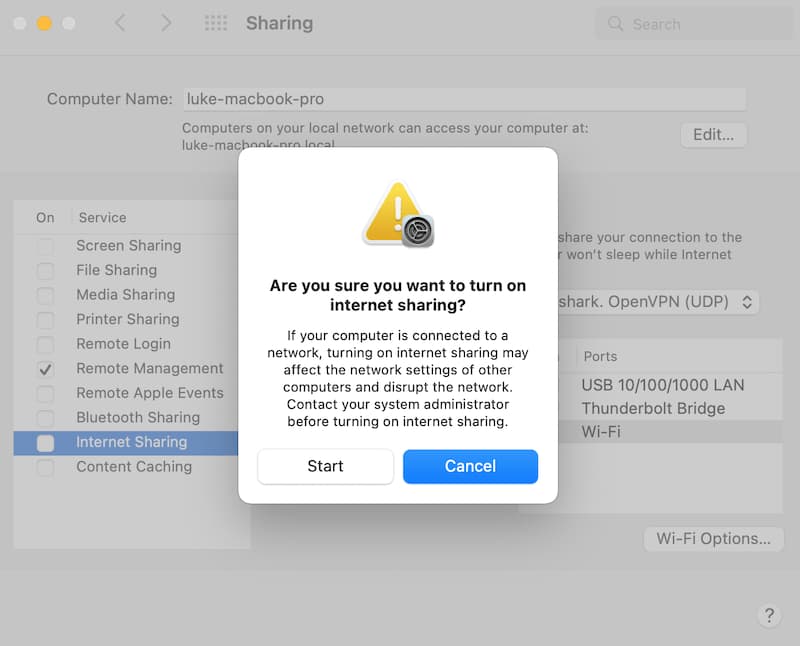 Confirmation message to turn on internet sharing on Mac virtual router