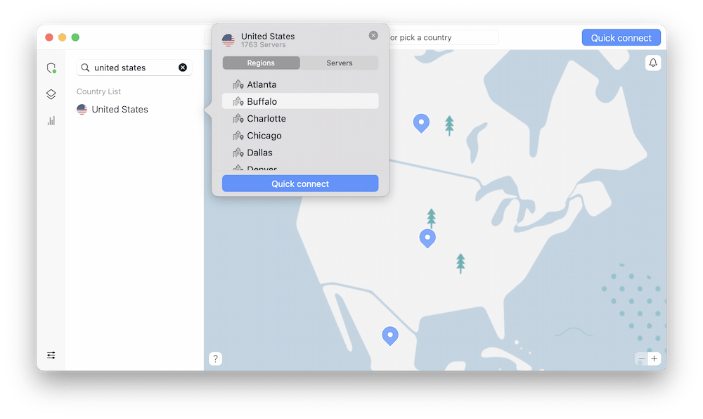 Red de servidores de NordVPN en Estados Unidos