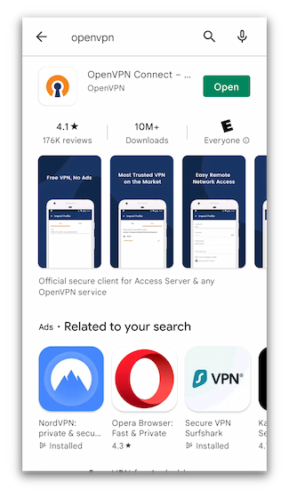 Screenshot of an installed OpenVPN for Android on the Google Play Store