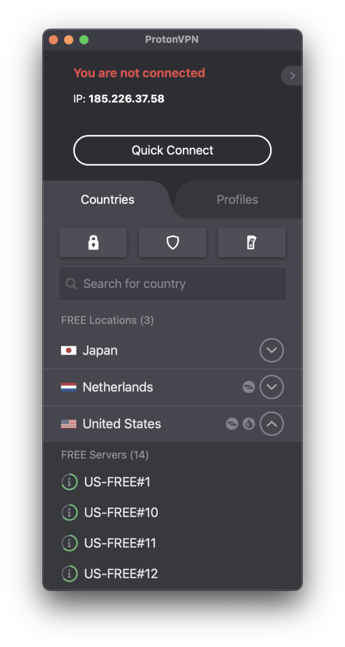 Elenco dei server gratuiti di ProtonVPN