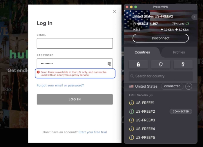 Schermata di un tentativo di accesso a Hulu durante la connessione a un server Proton VPN negli Stati Uniti