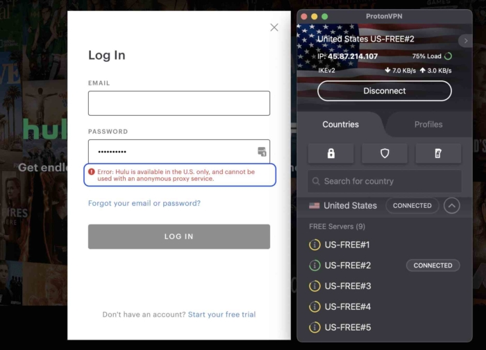 Proton VPN Free nie jest w stanie odblokować amerykańskich serwisów streamingowych