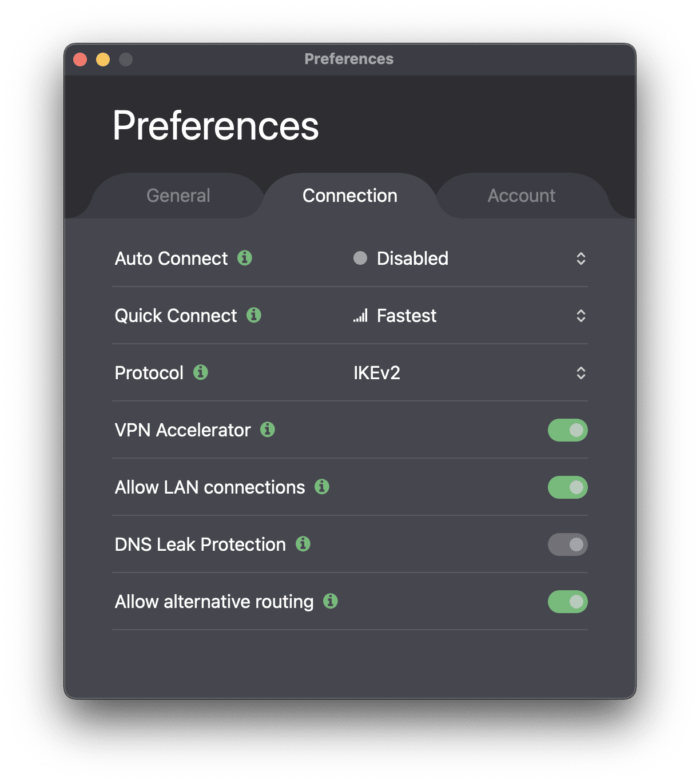 Schermata delle preferenze di connessione di ProtonVPN