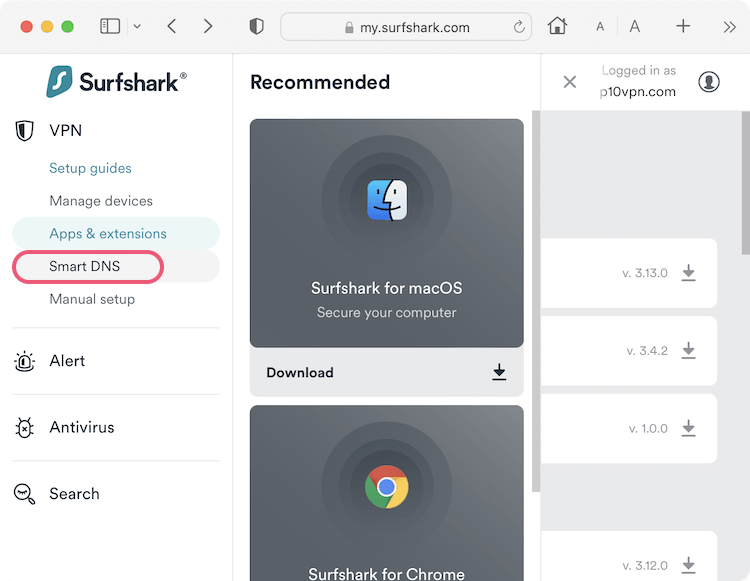 Configuring Smart DNS through a Surfshark web account 