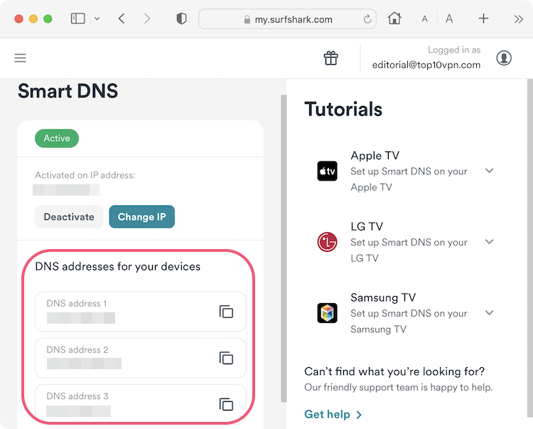Surfshark DNS addresses