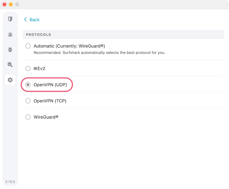 Selecting the OpenVPN protocol in the Surfshark Mac app