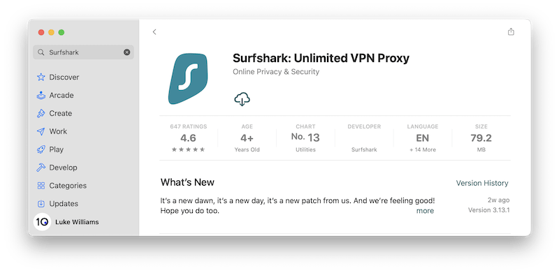 Downloading Surfshark from the Mac app store
