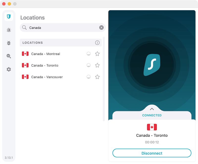 Connecting to a Canada server in the Surfshark Mac app