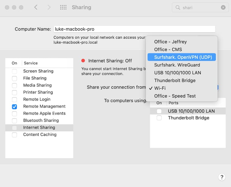 Sharing Surfshark's VPN connection using a Mac virtual router