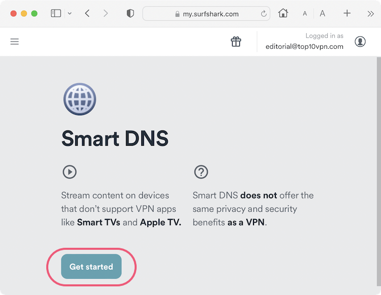 Completing the steps to configure Smart DNS in a Surfshark web account