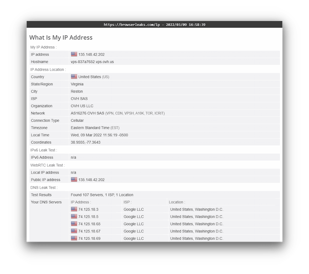 Turbo VPN DNS leak test results